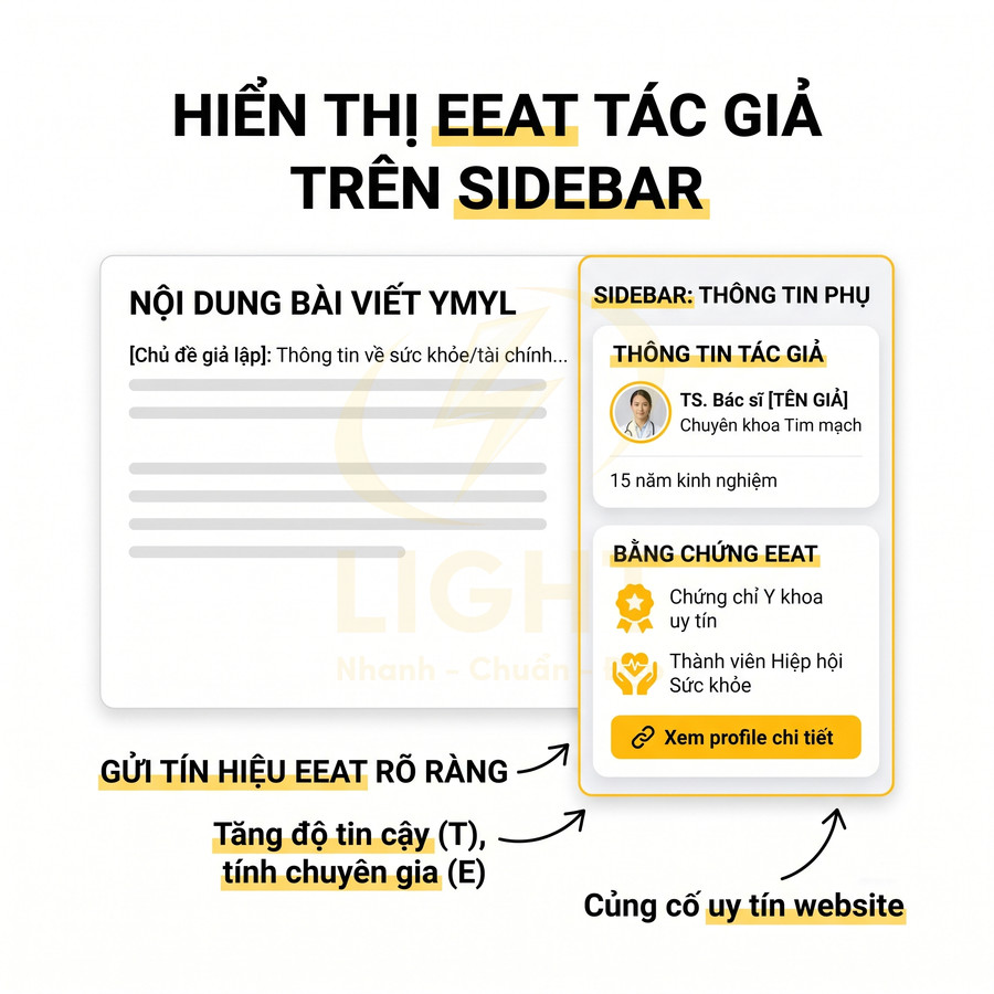 Mẫu giao diện website hiển thị thông tin tác giả và bằng chứng EEAT trên sidebar tăng uy tín nội dung YMYL